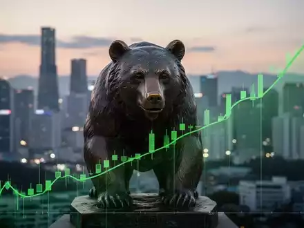 Eine Bärenstatue, die von einem aufsteigenden grünen Börsenchart vor der Skyline von Seoul verdeckt wird. - Foto: über boerse-global.de