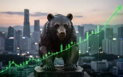 Eine Bärenstatue, die von einem aufsteigenden grünen Börsenchart vor der Skyline von Seoul verdeckt wird. - Foto: über boerse-global.de