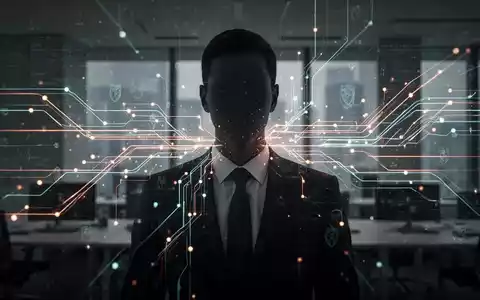 Eine stilisierte Darstellung von Cybersicherheitsrisiken. Digitale Datenströme und leuchtende Netzwerkleitungen konvergieren auf eine gesichtslose Geschäftsperson, die persönliche Haftung symbolisiert. - Foto: über boerse-global.de