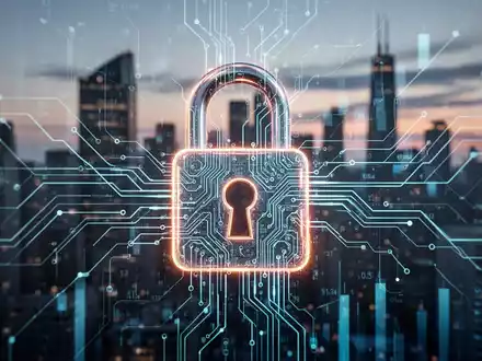 Ein stilisiertes, leuchtendes digitales Vorhängeschloss, das sich mit abstrakten Datenlinien und Leiterplattenmustern verflechtet, vor einer Finanzstadtlandschaft. - Foto: über boerse-global.de