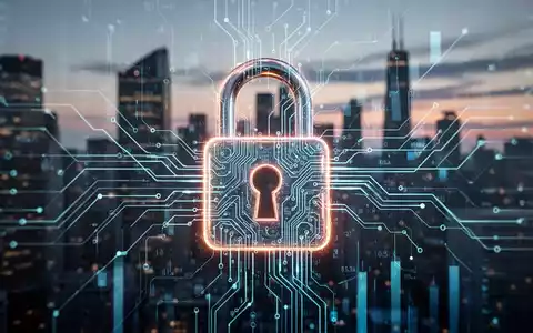 Ein stilisiertes, leuchtendes digitales Vorhängeschloss, das sich mit abstrakten Datenlinien und Leiterplattenmustern verflechtet, vor einer Finanzstadtlandschaft. - Foto: über boerse-global.de