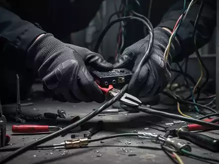 Nahaufnahme von behandschuhten Händen, die in dunkler Umgebung Kabel schneiden oder ein Gerät manipulieren. - Foto: über boerse-global.de