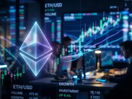 Ein stilisiertes Ethereum-Logo über verschwommenen digitalen Finanzcharts, das Zufluss und Investitionen in ETFs symbolisiert. - Foto: über boerse-global.de