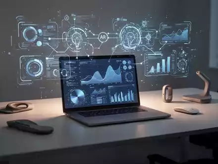 Ein minimalistischer Büroschreibtisch mit Laptop, der abstrakte Datenvisualisierungen zeigt, und holographischen Schnittstellen. - Foto: über boerse-global.de