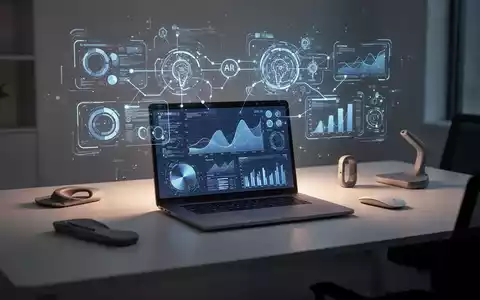 Ein minimalistischer Büroschreibtisch mit Laptop, der abstrakte Datenvisualisierungen zeigt, und holographischen Schnittstellen. - Foto: über boerse-global.de