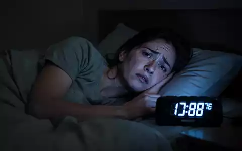 Eine Person liegt nachts wach im Bett, das Gesicht von Müdigkeit gezeichnet, ein digitaler Wecker zeigt frühe Morgenstunden. - Foto: über boerse-global.de