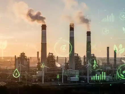 Eine Industrielandschaft bei Sonnenuntergang mit Fabrikschornsteinen, die sauberen Dampf ausstossen, symbolisiert strengere CO2-Regeln und CBAM. - Foto: über boerse-global.de