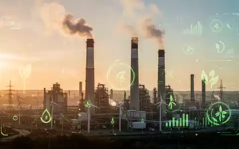 Eine Industrielandschaft bei Sonnenuntergang mit Fabrikschornsteinen, die sauberen Dampf ausstossen, symbolisiert strengere CO2-Regeln und CBAM. - Foto: über boerse-global.de