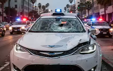 Ein beschädigtes Waymo-Robotaxi mit zersplitterter Windschutzscheibe auf einer belebten Straße in Los Angeles, im Hintergrund Polizeilichter. - Foto: über boerse-global.de