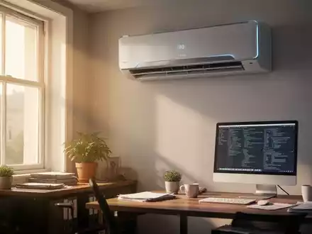 Eine moderne Klimaanlage in einem aufgeräumten Homeoffice mit Schreibtisch und Computer, durch ein Fenster fällt Sonnenlicht. - Foto: über boerse-global.de