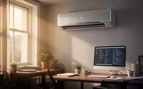 Eine moderne Klimaanlage in einem aufgeräumten Homeoffice mit Schreibtisch und Computer, durch ein Fenster fällt Sonnenlicht. - Foto: über boerse-global.de