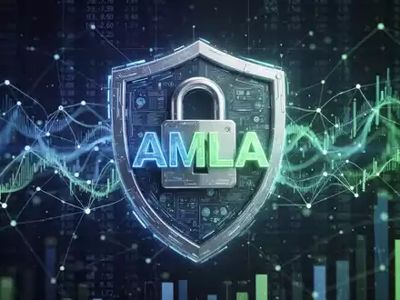 Ein stilisiertes digitales Schloss mit den Buchstaben AMLA vor einem Hintergrund aus Finanzdaten, das Geldwäscheprävention symbolisiert. - Foto: über boerse-global.de