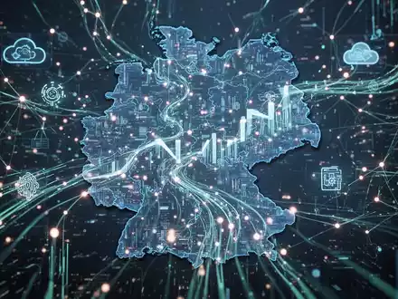 Glühendes digitales Netzwerk über einer Deutschlandkarte, symbolisiert Wachstum und Konnektivität der deutschen Digitalwirtschaft, IT und Telekommunikation. - Foto: über boerse-global.de