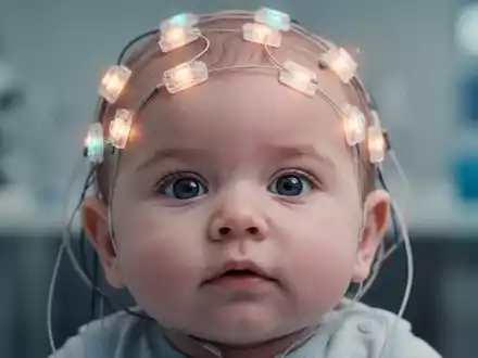 Nahaufnahme eines Babys mit EEG-Elektroden auf dem Kopf, das Hirnaktivität und Musikreaktion darstellt. - Foto: über boerse-global.de