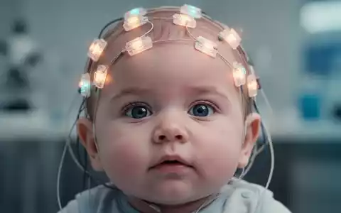 Nahaufnahme eines Babys mit EEG-Elektroden auf dem Kopf, das Hirnaktivität und Musikreaktion darstellt. - Foto: über boerse-global.de
