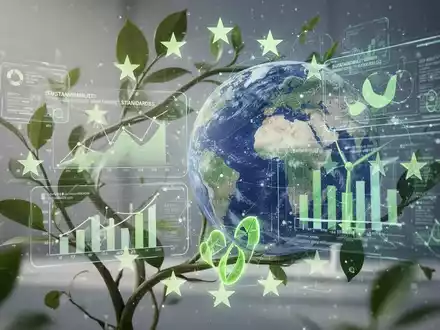Eine digitale Anzeige mit Nachhaltigkeitsdaten und grünen Symbolen, die Umweltmanagement und regulatorische Anforderungen symbolisiert. - Foto: über boerse-global.de
