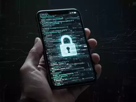 Nahaufnahme einer Hand, die ein Smartphone hält, dessen Bildschirm abstrakten, gestörten Code oder ein Schloss-Symbol anzeigt. - Foto: über boerse-global.de