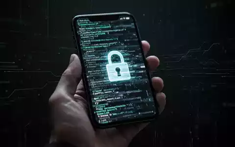 Nahaufnahme einer Hand, die ein Smartphone hält, dessen Bildschirm abstrakten, gestörten Code oder ein Schloss-Symbol anzeigt. - Foto: über boerse-global.de