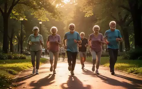 Senioren unterschiedlichen Alters gehen und joggen auf einem sonnigen Parkweg, der gesunde Lebensweise und Demenzprävention symbolisiert. - Foto: über boerse-global.de