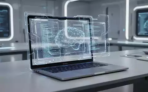 Modernes MacBook mit futuristischem macOS-Interface, transparenten 'Liquid Glass'-Design-Elementen und abstrakten Daten. - Foto: über boerse-global.de