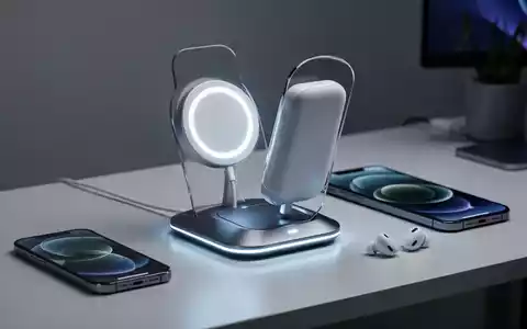 Moderne, minimalistische MagSafe-Ladestation mit abnehmbarer Powerbank, Smartphone und kabellosen Ohrhörern auf einem Schreibtisch. - Foto: über boerse-global.de