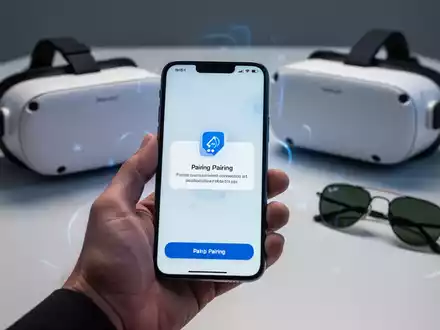 Ein iPhone zeigt eine Pairing-Benachrichtigung, im Hintergrund Meta Quest VR-Headset und Ray-Ban Smart Glasses. - Foto: über boerse-global.de