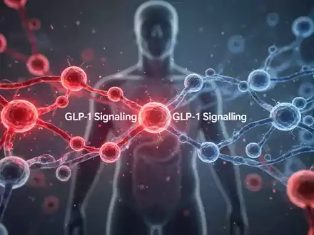 Abstrakte Darstellung zellulärer Entzündungen und GLP-1-Signale mit verwobenen roten und blauen molekularen Bahnen vor einer menschlichen Silhouette. - Foto: über boerse-global.de