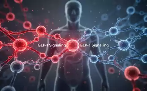 Abstrakte Darstellung zellulärer Entzündungen und GLP-1-Signale mit verwobenen roten und blauen molekularen Bahnen vor einer menschlichen Silhouette. - Foto: über boerse-global.de