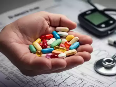 Eine Hand hält verschiedene bunte Vitamine und Mineralstoffpräparate, mit einem unscharfen medizinischen Hintergrund. - Foto: über boerse-global.de