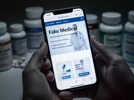 Eine Hand hält ein Smartphone, das eine gefälschte medizinische Website anzeigt, im Hintergrund verschwommene Nahrungsergänzungsmittel. - Foto: über boerse-global.de