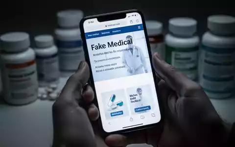Eine Hand hält ein Smartphone, das eine gefälschte medizinische Website anzeigt, im Hintergrund verschwommene Nahrungsergänzungsmittel. - Foto: über boerse-global.de