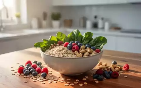 Eine Nahaufnahme einer bunten Schüssel mit ballaststoffreichen Lebensmitteln wie Haferflocken, Beeren, Nüssen und grünem Gemüse. - Foto: über boerse-global.de