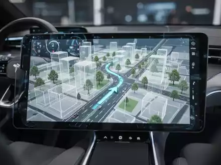 Navigationsbildschirm eines Autos mit detaillierter 3D-Karte, transparenten Gebäuden und Straßen in futuristischem Design. - Foto: über boerse-global.de