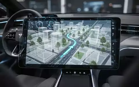 Navigationsbildschirm eines Autos mit detaillierter 3D-Karte, transparenten Gebäuden und Straßen in futuristischem Design. - Foto: über boerse-global.de