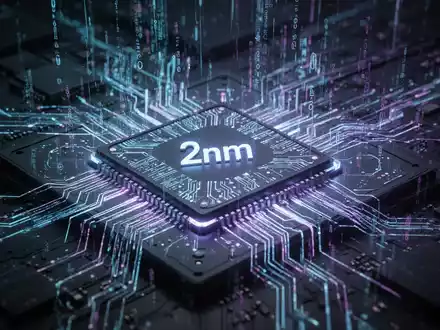 Nahaufnahme eines leuchtenden, komplexen Mikrochips mit blauem und violettem Licht, Symbol für fortschrittliche 2-nm-Halbleitertechnologie. - Foto: über boerse-global.de
