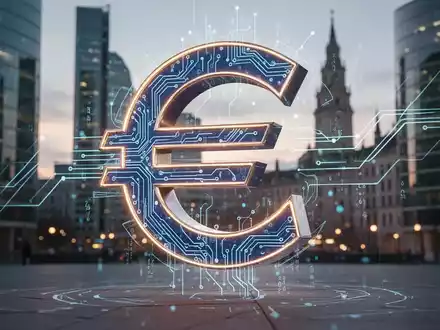 Eine stilisierte, beleuchtete 3D-Darstellung des Euro-Symbols, das mit abstrakten Datenflüssen und Leiterplattenmustern verschmilzt. - Foto: über boerse-global.de