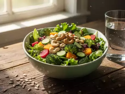 Eine Schale mit frischem grünem Salat, daneben ein Glas Wasser, auf einem Holztisch. Sonnenlicht fällt auf das Essen. - Foto: über boerse-global.de