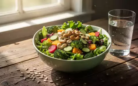 Eine Schale mit frischem grünem Salat, daneben ein Glas Wasser, auf einem Holztisch. Sonnenlicht fällt auf das Essen. - Foto: über boerse-global.de