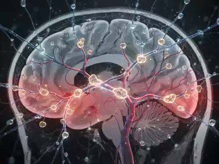 Eine stilisierte Darstellung eines Gehirns mit hervorgehobenen Blutgefäßen und Bereichen verminderter Durchblutung, überlagert von einem leuchtenden neuronalen Netz und subtilen Amyloid-Plaques. - Foto: über boerse-global.de