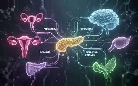 Abstrakte Darstellung metabolischer Pfade und hormoneller Signale, die verschiedene Organe verbinden, in kühlen Farben. - Foto: über boerse-global.de