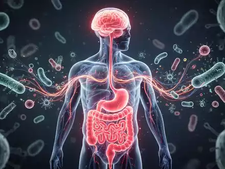 Eine stilisierte Darstellung der Darm-Hirn-Achse mit leuchtenden neuronalen Verbindungen zwischen Darm und Gehirn in einem menschlichen Torso. - Foto: über boerse-global.de