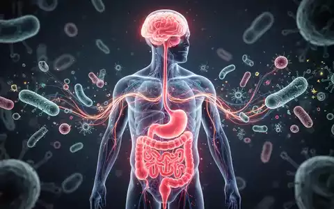 Eine stilisierte Darstellung der Darm-Hirn-Achse mit leuchtenden neuronalen Verbindungen zwischen Darm und Gehirn in einem menschlichen Torso. - Foto: über boerse-global.de