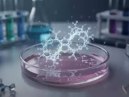 Ein Petri-Schale mit einer leuchtenden, komplexen molekularen Struktur, die ein neuartiges Peptid darstellt, umgeben von Laborgeräten. - Foto: über boerse-global.de