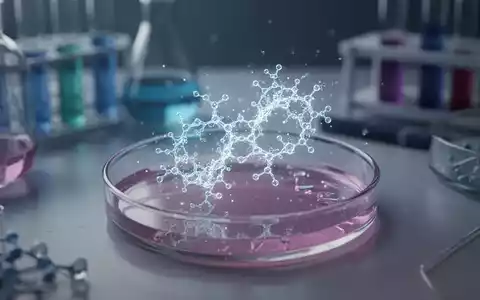 Ein Petri-Schale mit einer leuchtenden, komplexen molekularen Struktur, die ein neuartiges Peptid darstellt, umgeben von Laborgeräten. - Foto: über boerse-global.de
