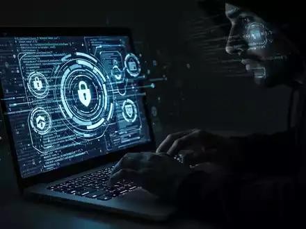 Schattenhafte Hände tippen auf Laptop mit leuchtenden Cybersicherheitssymbolen, die Zunahme bösartiger E-Mail-Angriffe darstellend. - Foto: über boerse-global.de