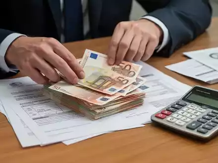 Hände sortieren Euro-Banknoten und Dokumente auf einem Schreibtisch, ein Taschenrechner liegt daneben. - Foto: über boerse-global.de