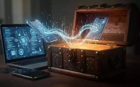 Digitaler Datenstrom fließt von einem Smartphone und Laptop in eine antike Holztruhe, symbolisiert digitales Erbe. - Foto: über boerse-global.de