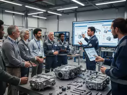 Mitarbeiter nehmen in einer modernen Werkstatt an einer Schulung zur Arbeitssicherheit teil, mit Fokus auf neue Technologien und Risikobewertung. - Foto: über boerse-global.de