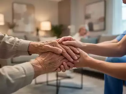 Hände einer älteren Person halten die Hände einer jüngeren Person, im Hintergrund ein warm beleuchtetes Wohnzimmer, symbolisiert häusliche Pflege. - Foto: über boerse-global.de