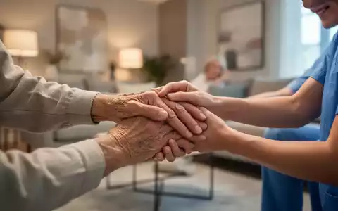 Hände einer älteren Person halten die Hände einer jüngeren Person, im Hintergrund ein warm beleuchtetes Wohnzimmer, symbolisiert häusliche Pflege. - Foto: über boerse-global.de